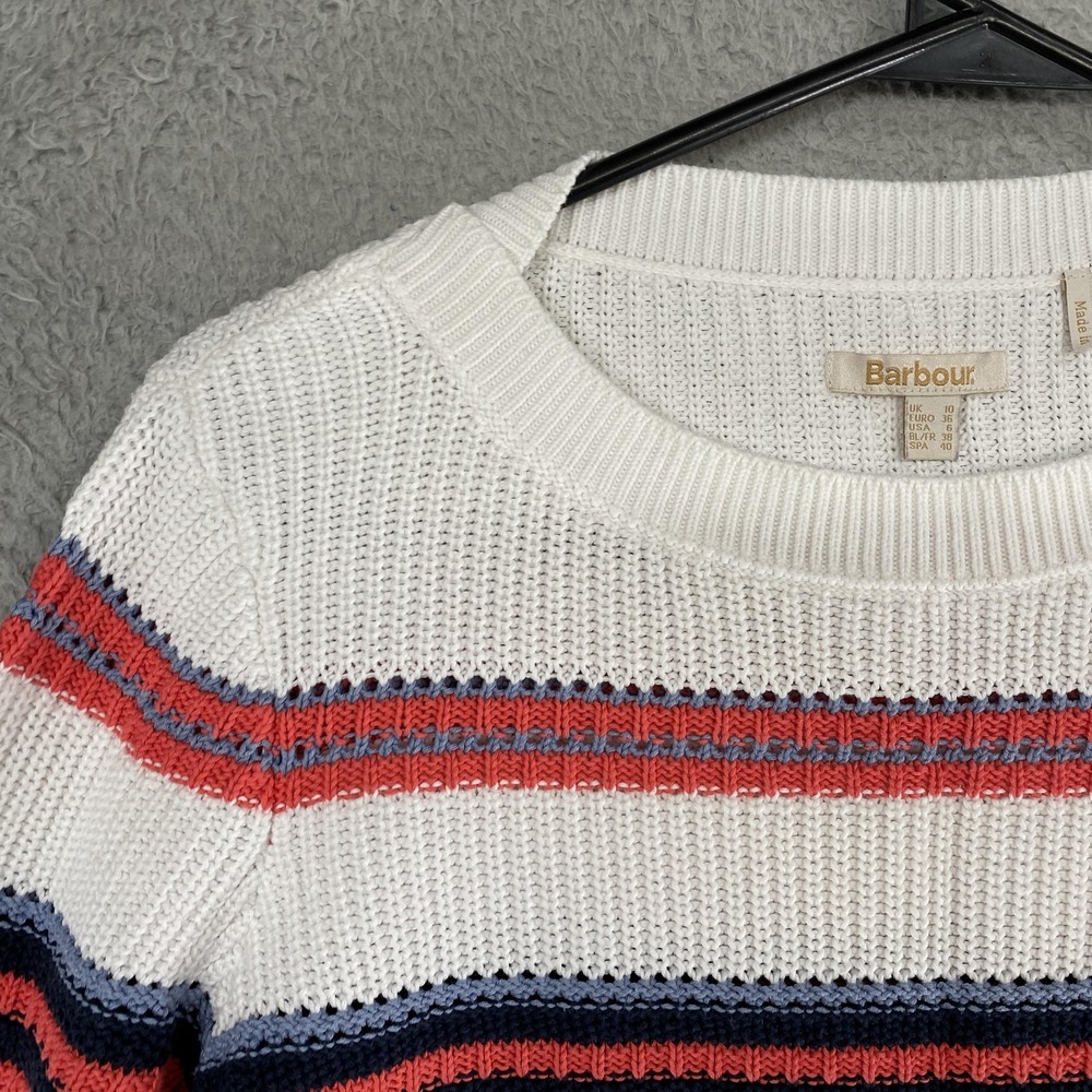 Barbour Promenade Knit Sweater Womens 6 White Striped 100% Cotton Crewneck - Picture 5 of 16